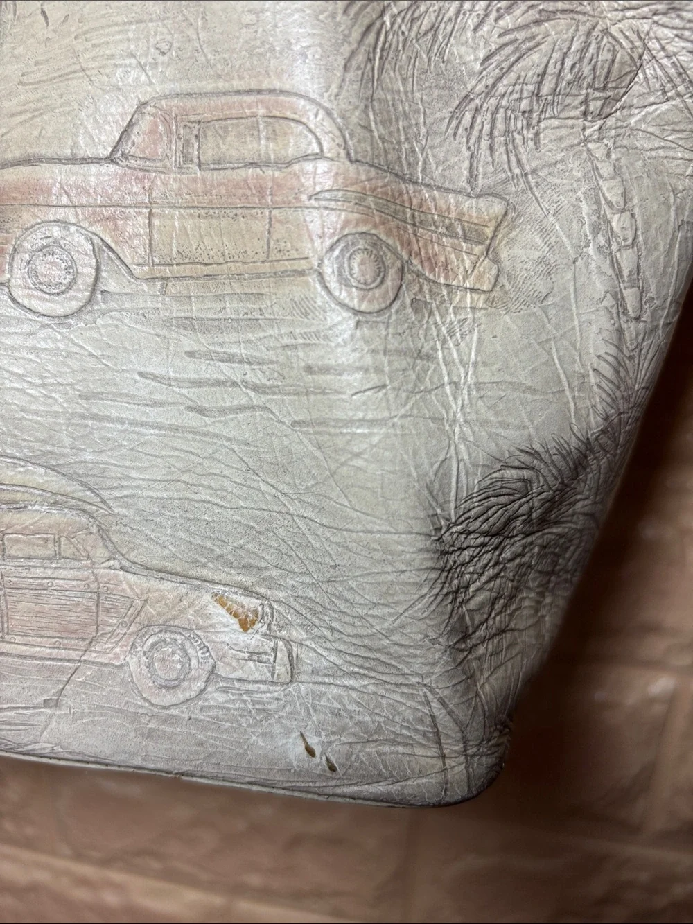 Brahmin Leather-Trim Beige & Brown Tote Bag w Copa Cabana Woody Car Palm Trees