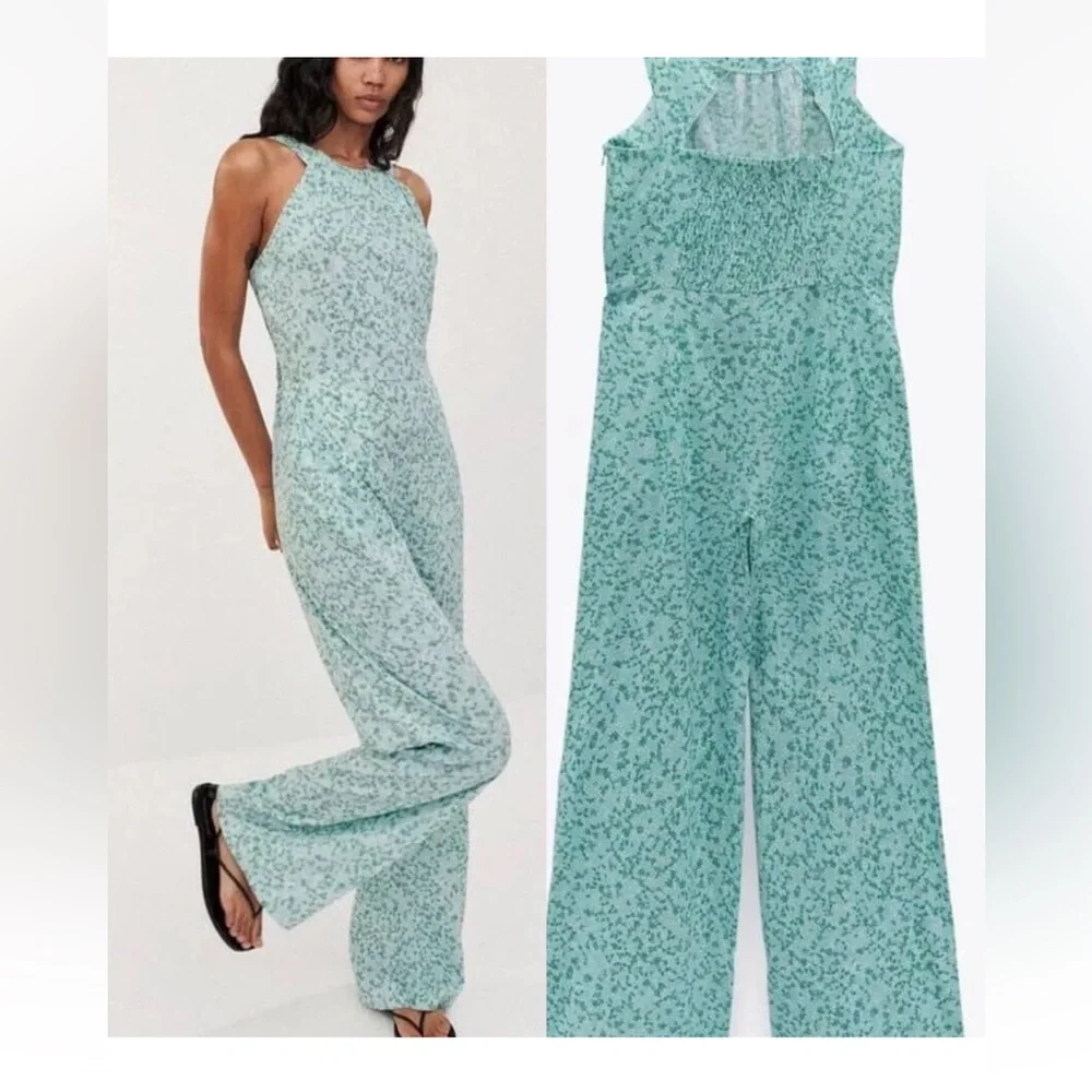 ZARA NECKHOLDER OVERALL LINEN BLEND FLORAL FLOWERS GREEN JUMPSUIT Size XS