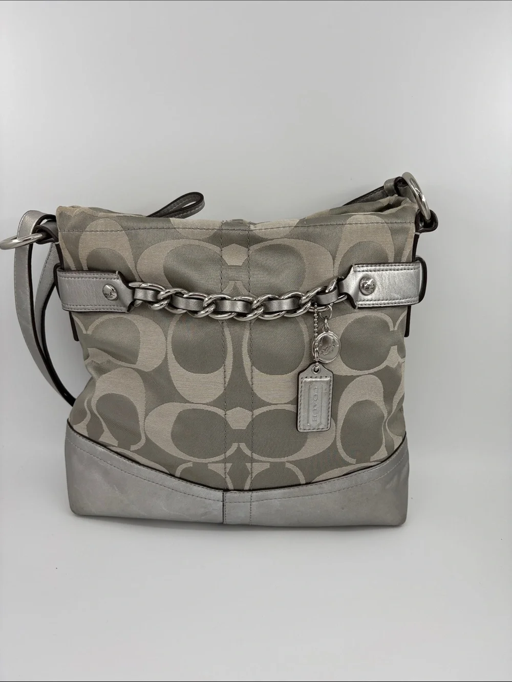 Coach Silver and Gray Signature Chain-Trim Shoulder Bag