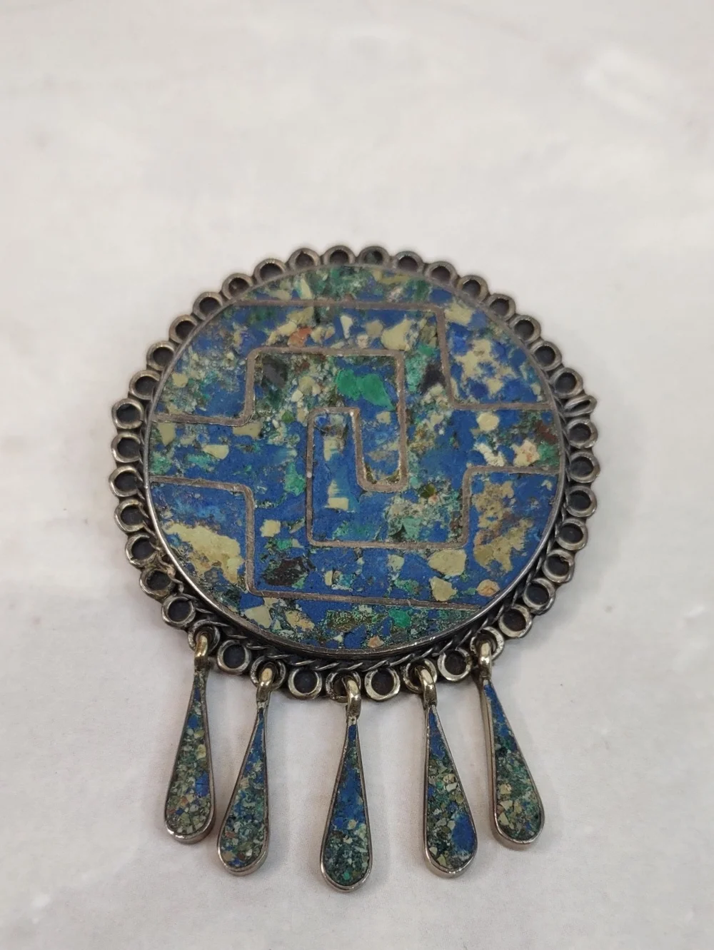 Vintage Taxco Sterling Silver Round Mosaic Brooch/Pendant