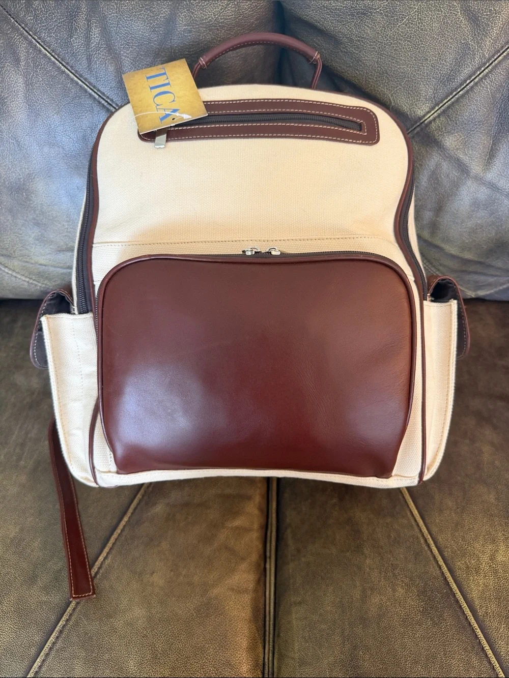 Canvas and Leather Backpack in Cream and Brown - Versatile Men's Daypack