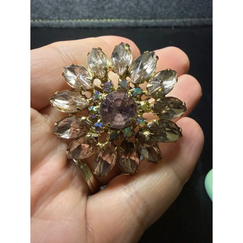 Vintage Purple Sunburst Rhinestone Brooch Pendant Gold Tone Floral Pin AB Stone