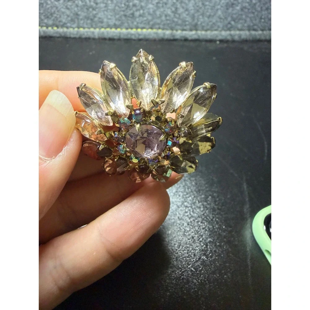 Vintage Purple Sunburst Rhinestone Brooch Pendant Gold Tone Floral Pin AB Stone