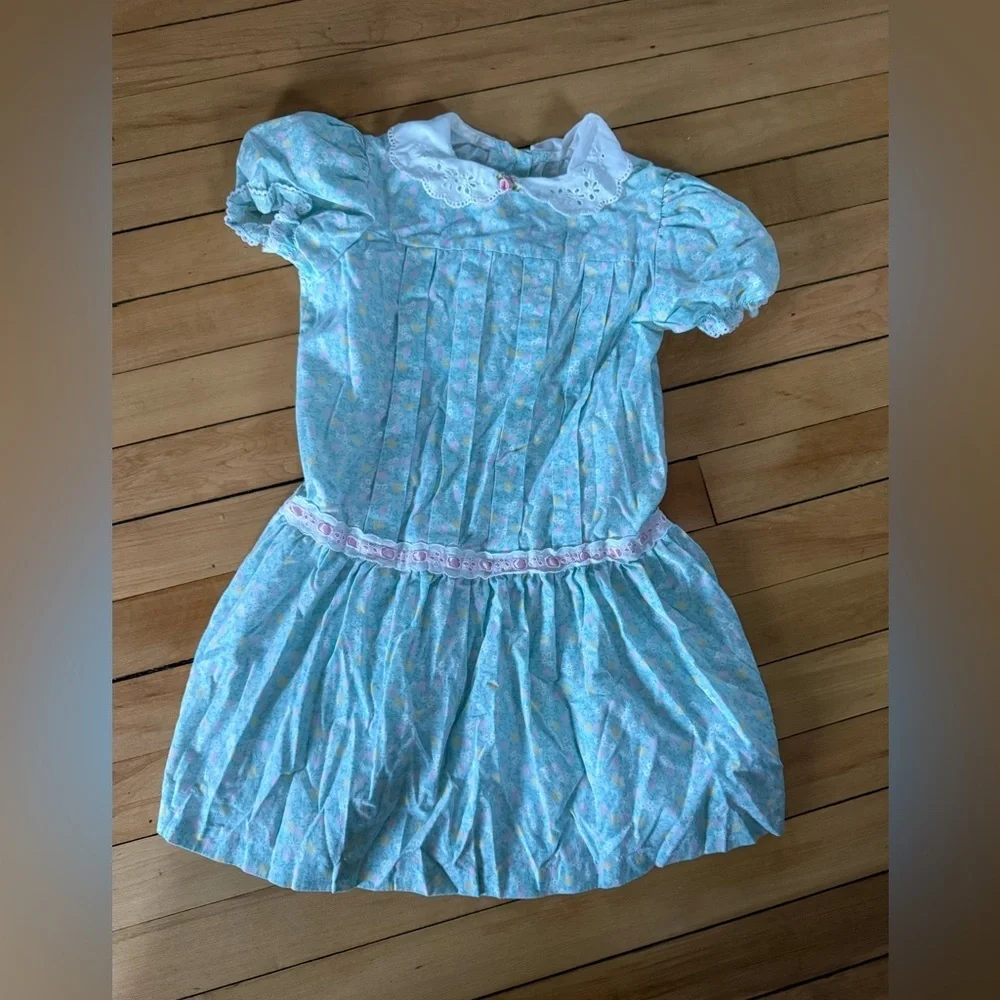 Evy vintage blue floral print lace collar girls‎ dress