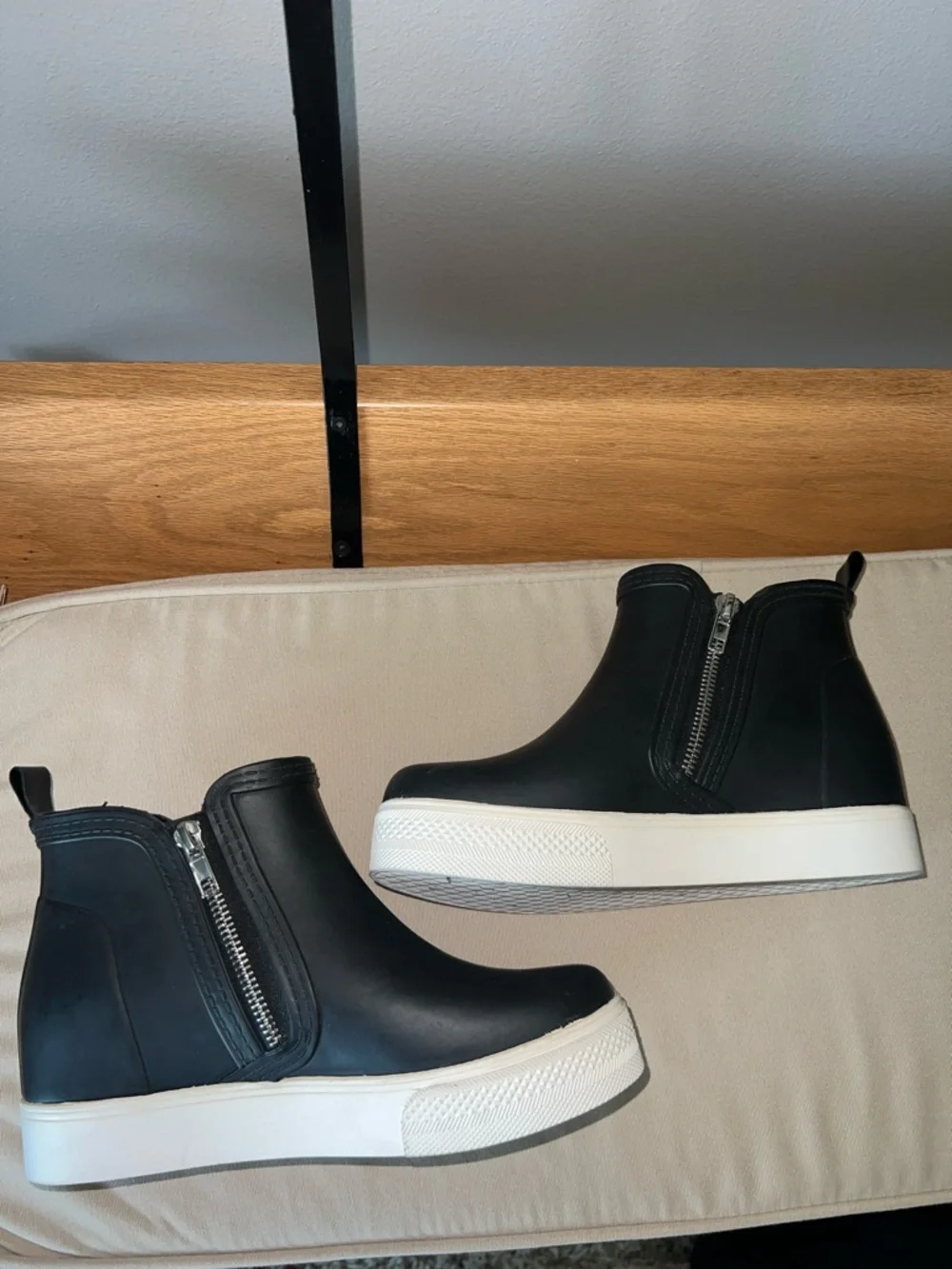 Steve Madden Wedgie Black Waterproof Ankle Boot with Silver Hardware