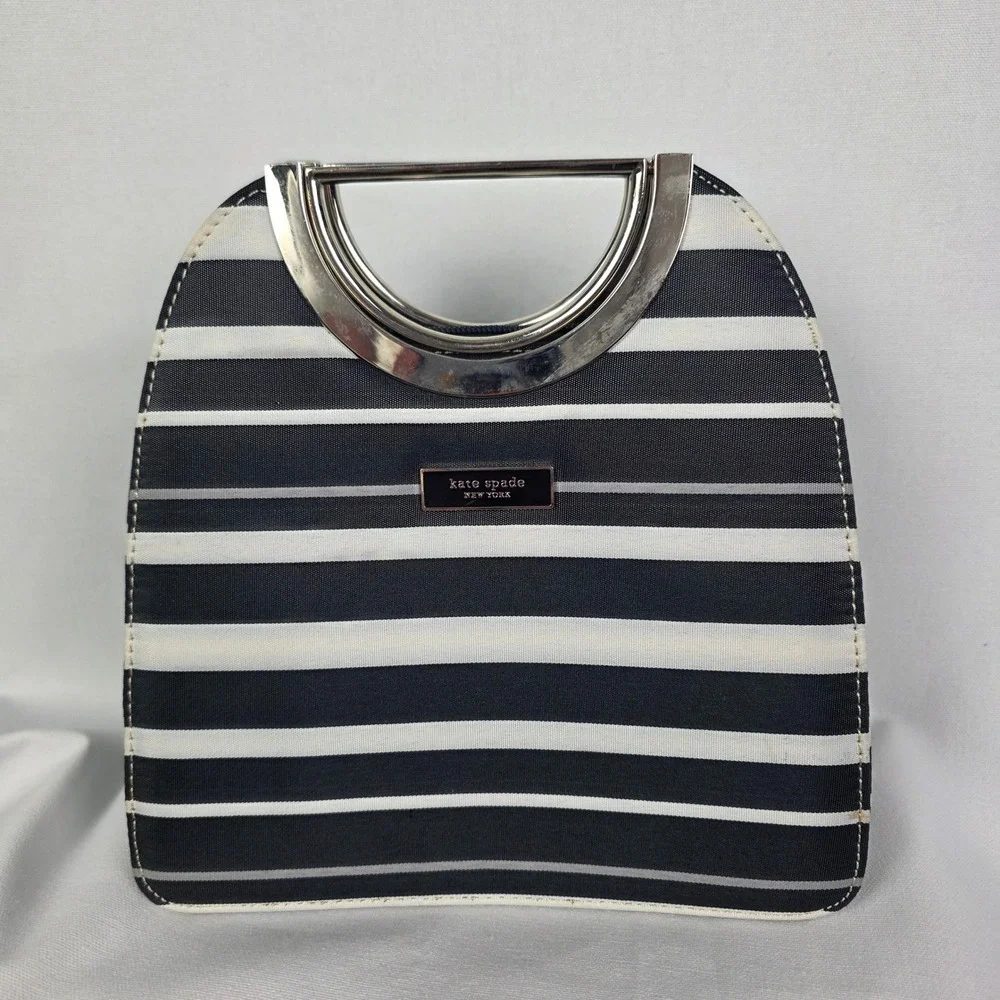 Kate Spade New York‎ Striped Canvas Handbag Black White Silver Metal Handle