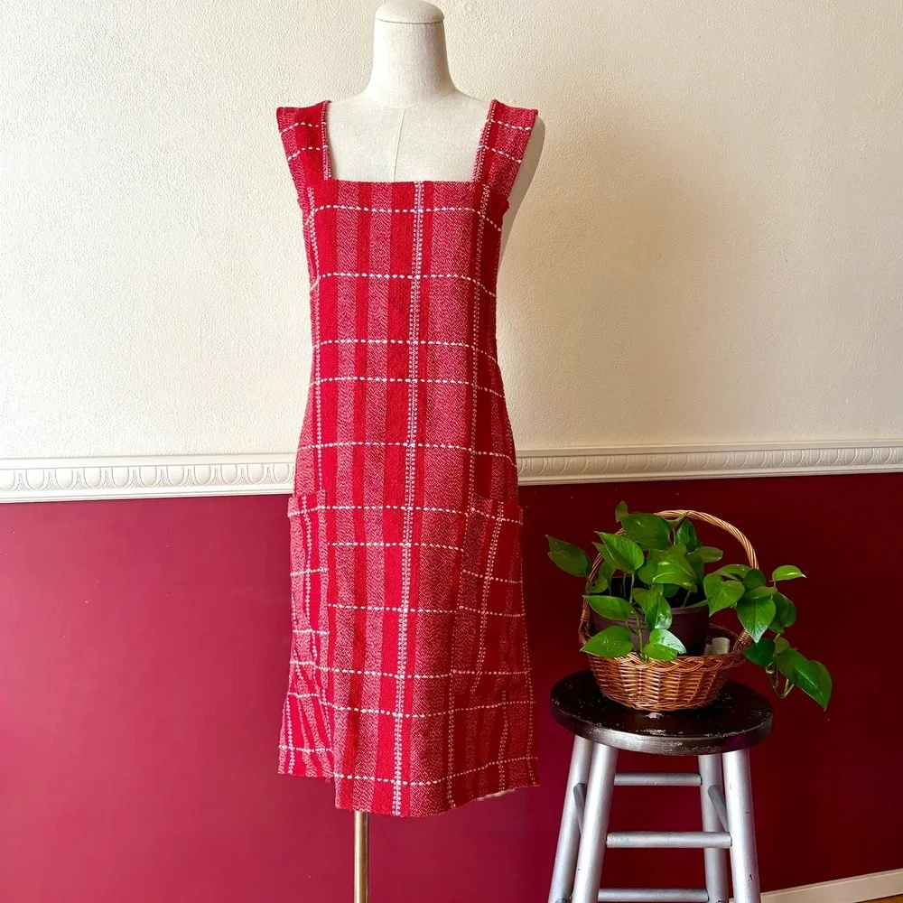 Sur La Table Red Plaid Cross Back Pinafore Apron Smock Pockets 39