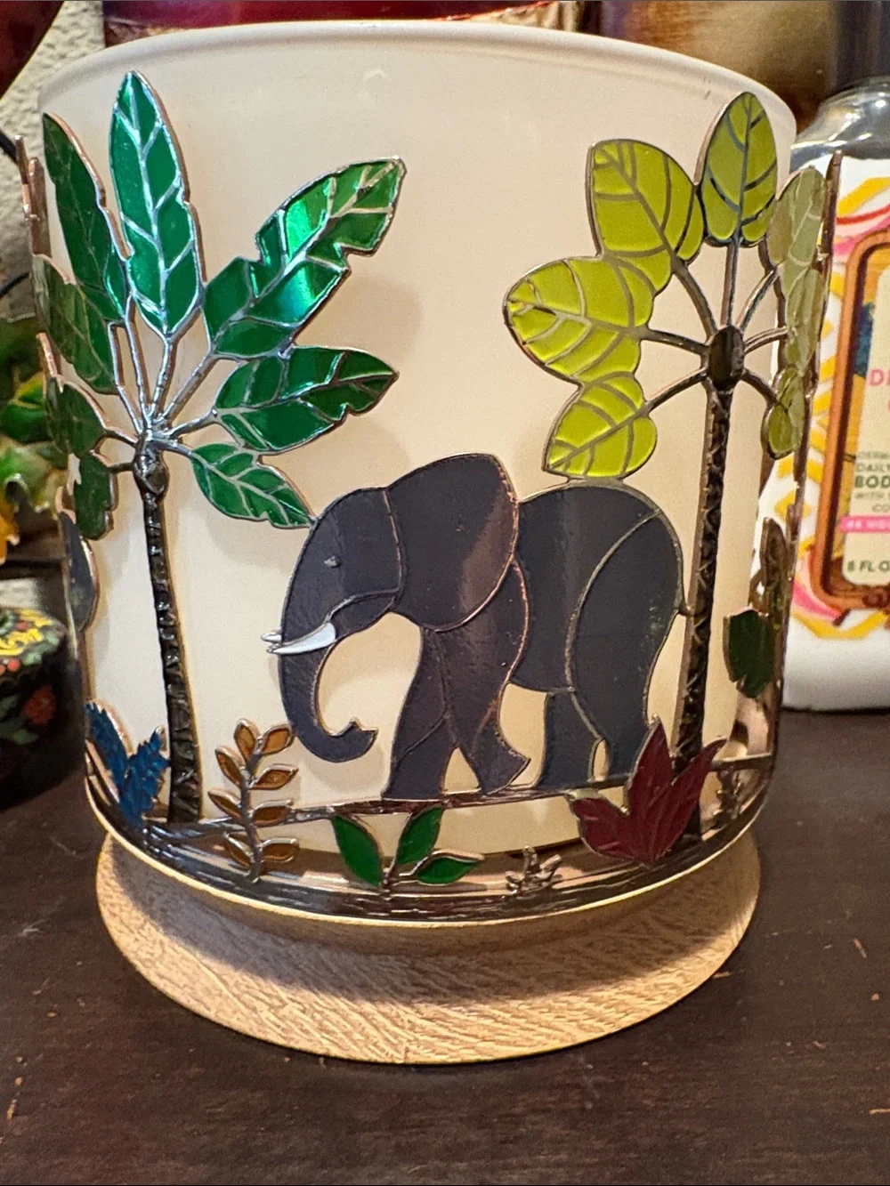 Bath & Body Works Elephant Jungle enameled metal Candle Holder with Wooden Base