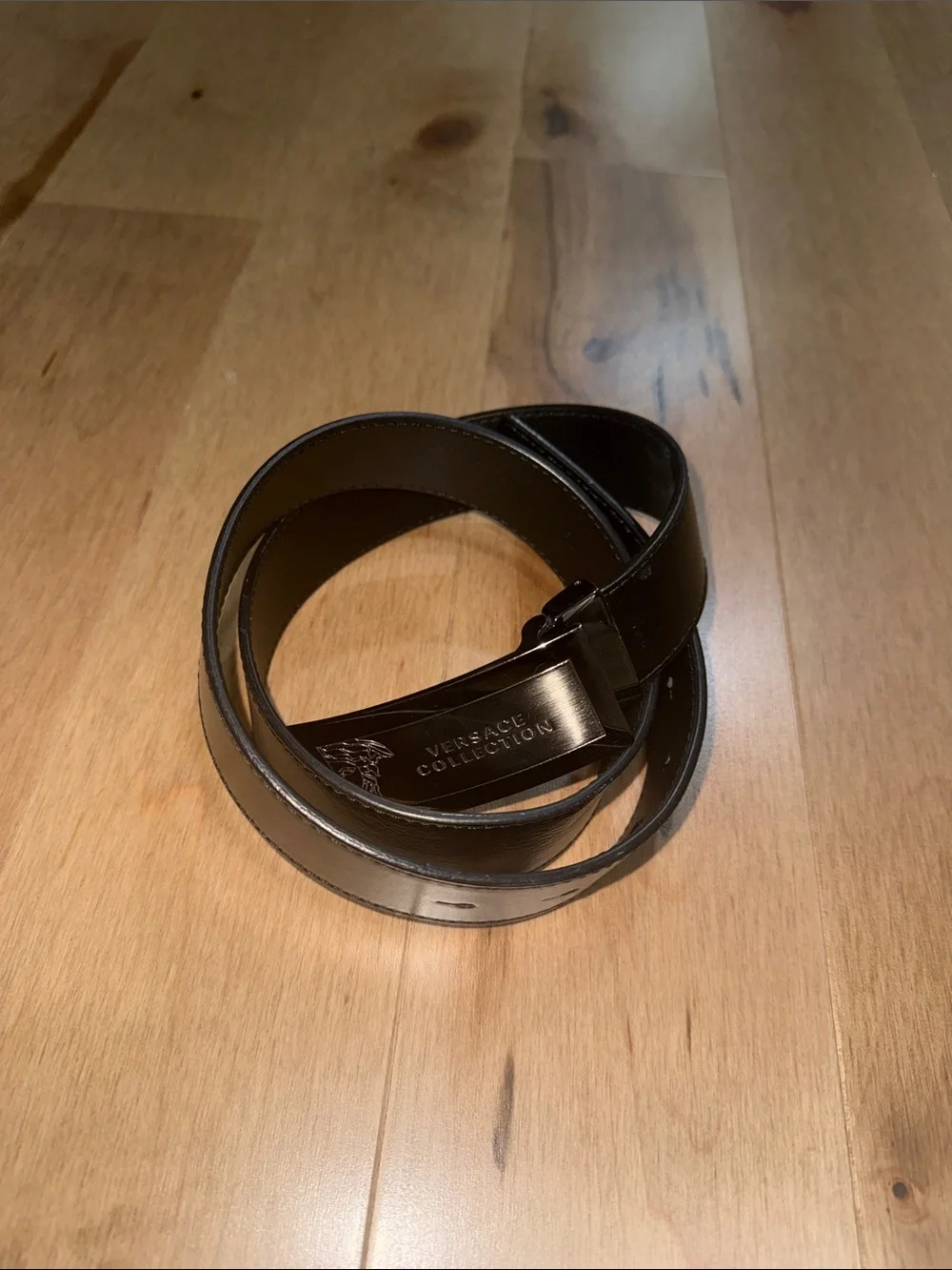 Versace Collection Black Leather Medusa Plaque Belt Size 34, 85/100