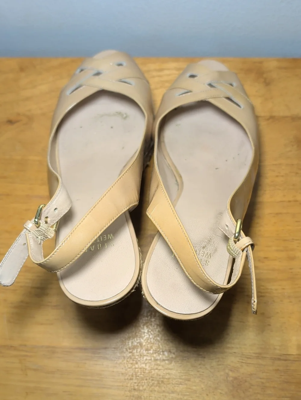 Stuart Weitzman Patent Leather Espadrille Wedge Sandals Beige Women's Size 9M