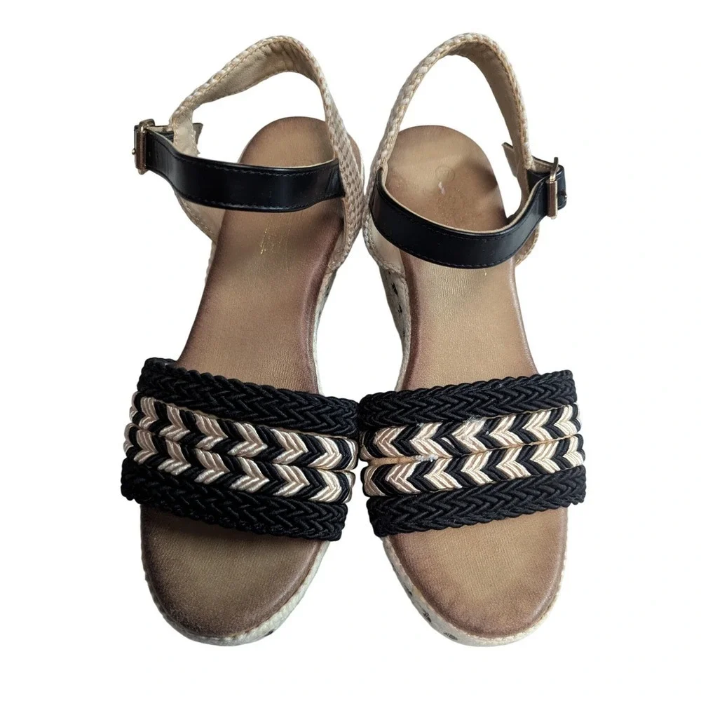 Womens Wedge Espadrille Sandals Black Beige Braided Ankle Strap