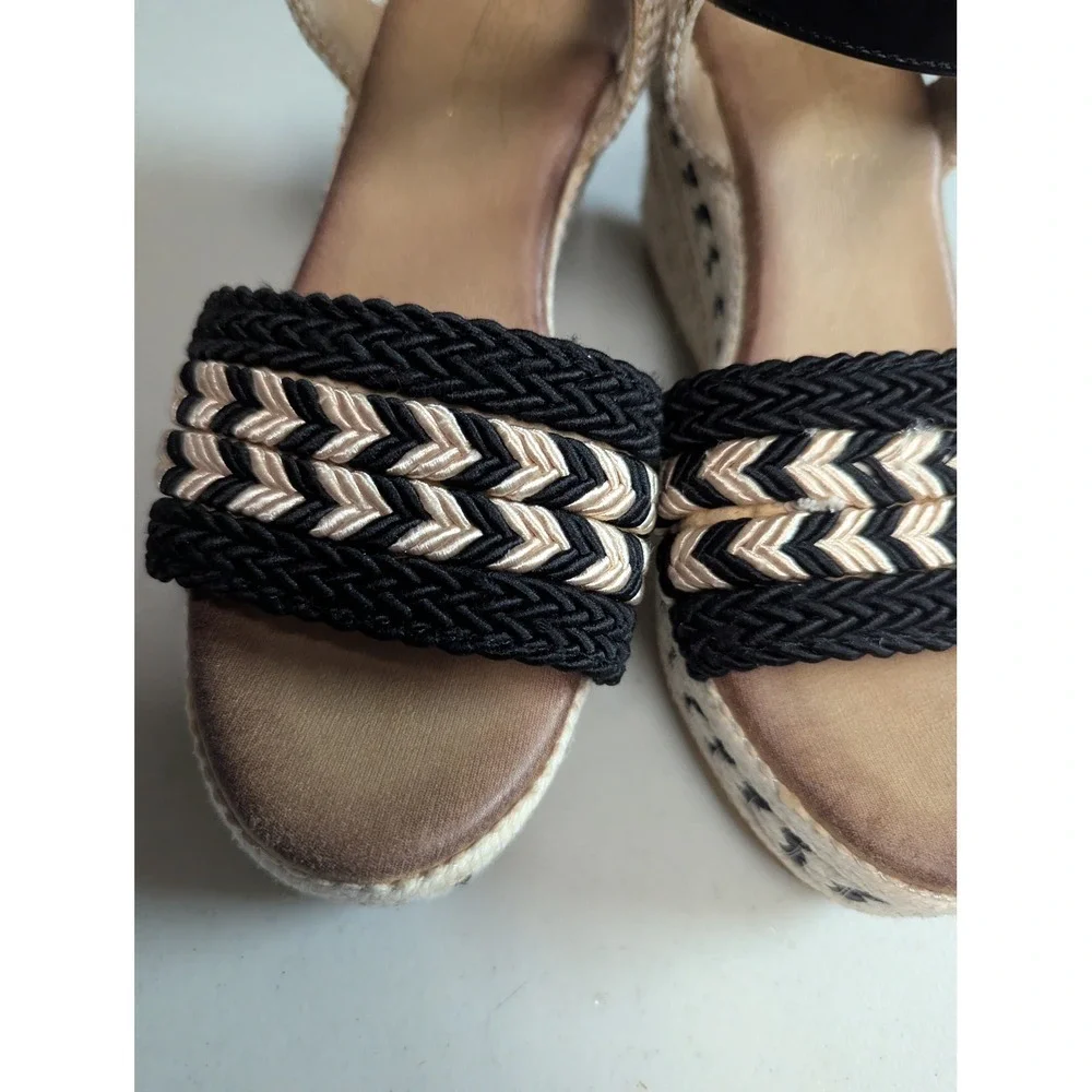 Womens Wedge Espadrille Sandals Black Beige Braided Ankle Strap