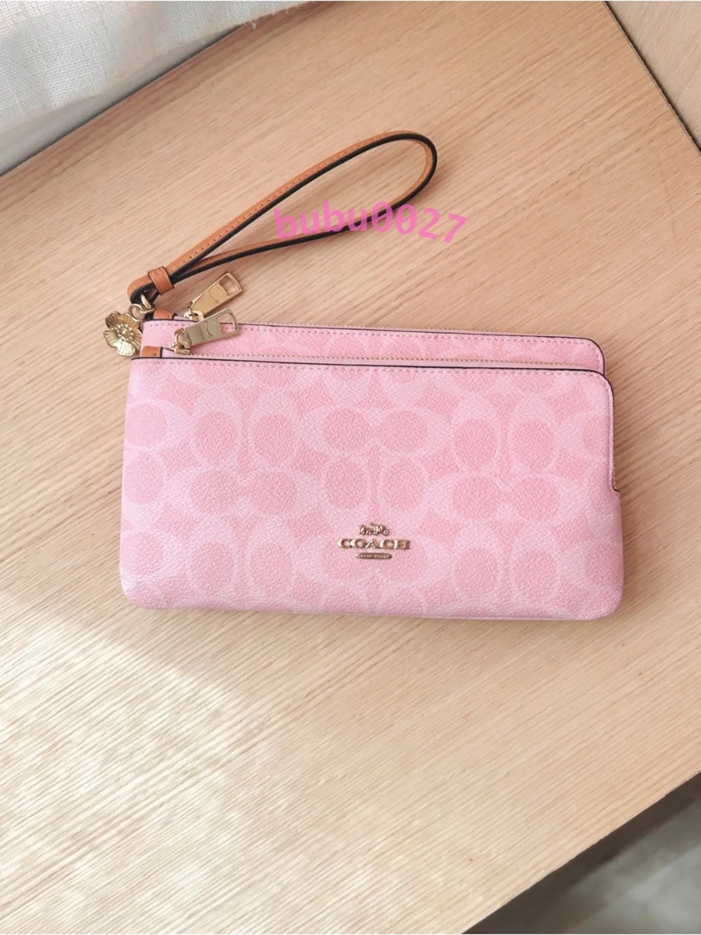 NWT🌸Coach Double Zip Wristlet In Signature Canvas With Charms Powder Pink CEF61