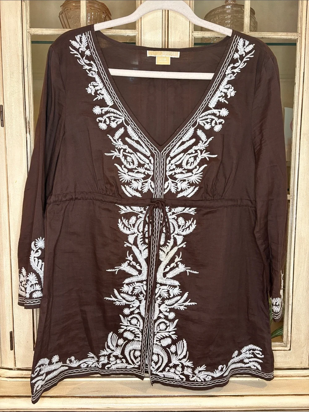 NWOT Michael Kors Brown Tunic Swim Coverup with White Embroidery