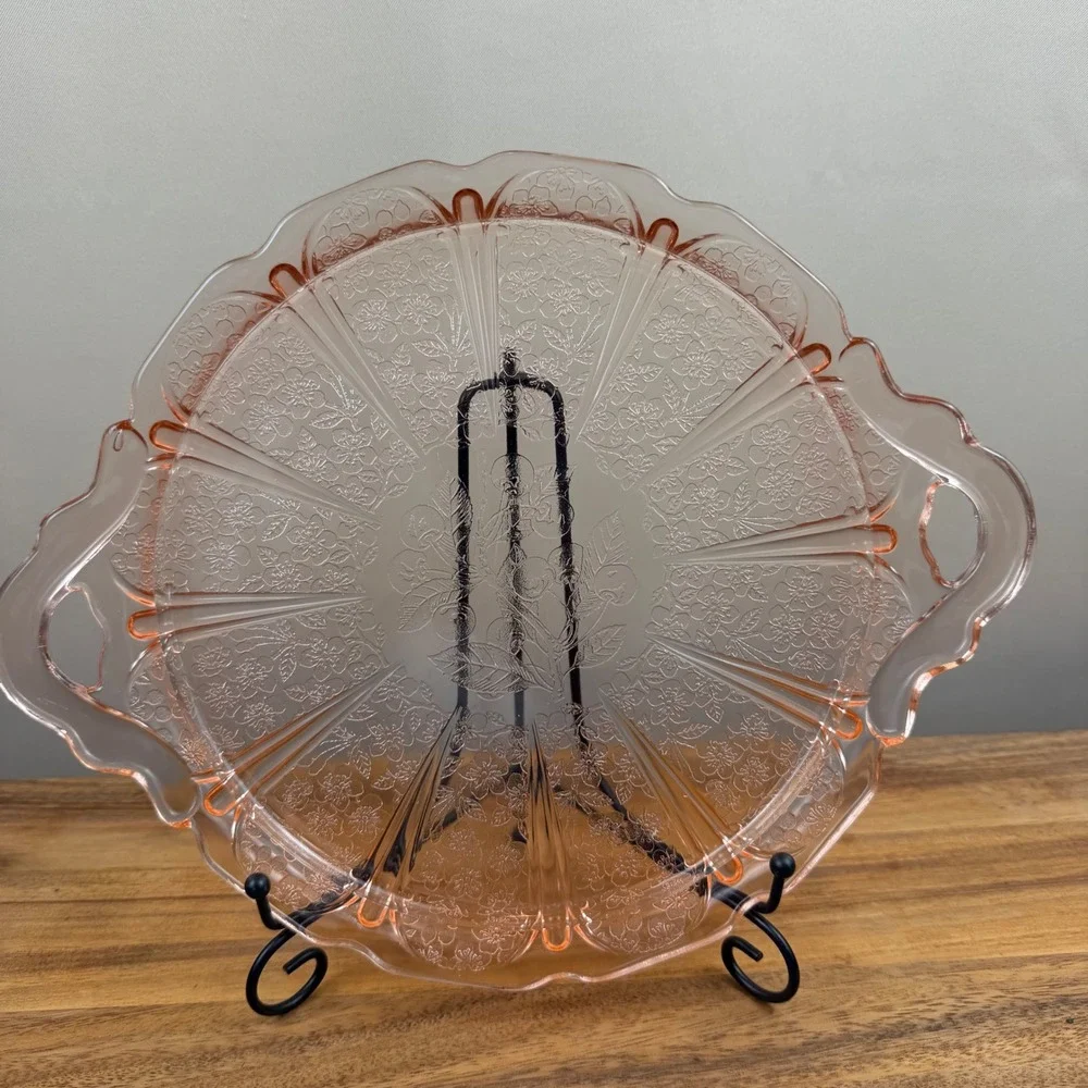 Jeanette Cherry Blossom Pink Depression Glass Handled Platter Cake Plate 12.5