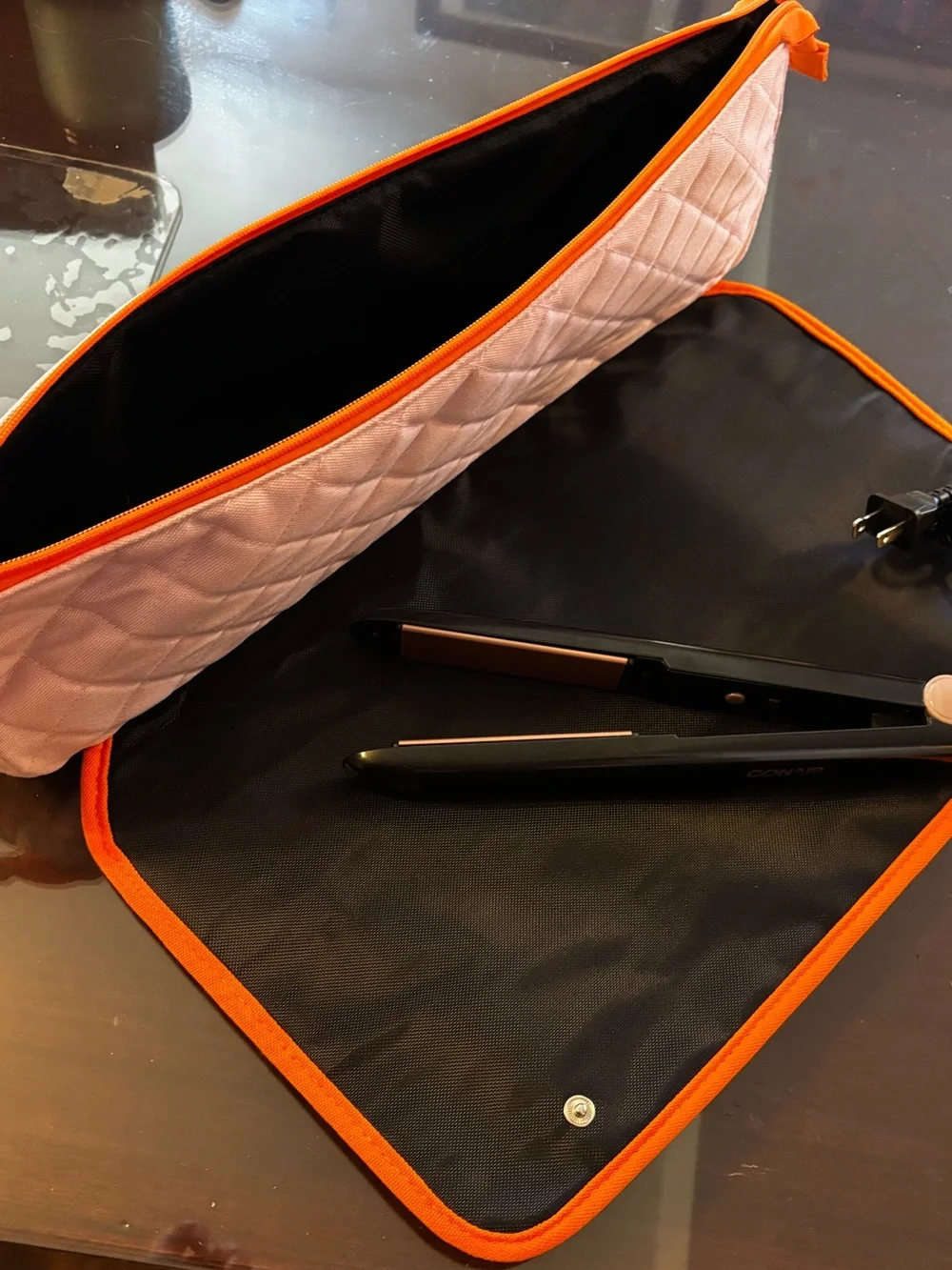 Pink hot tools bag with built in heat-resistant mat