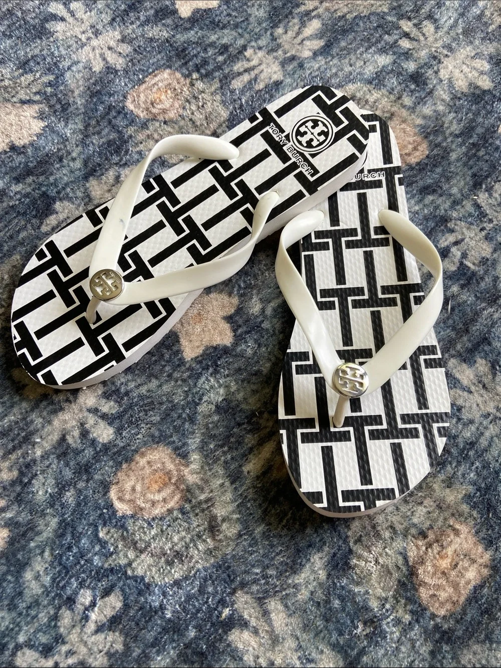 Tory Burch White and Black Geometric Logo Flip Flops
