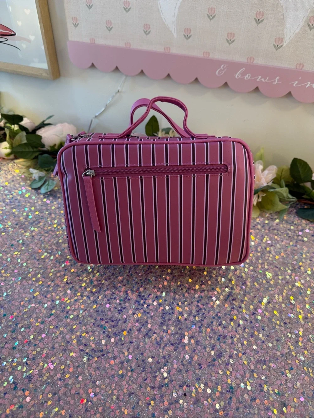NWT Tender Love + Carry Toiletry Weekender Bag in Pink Vertical Striped Pattern