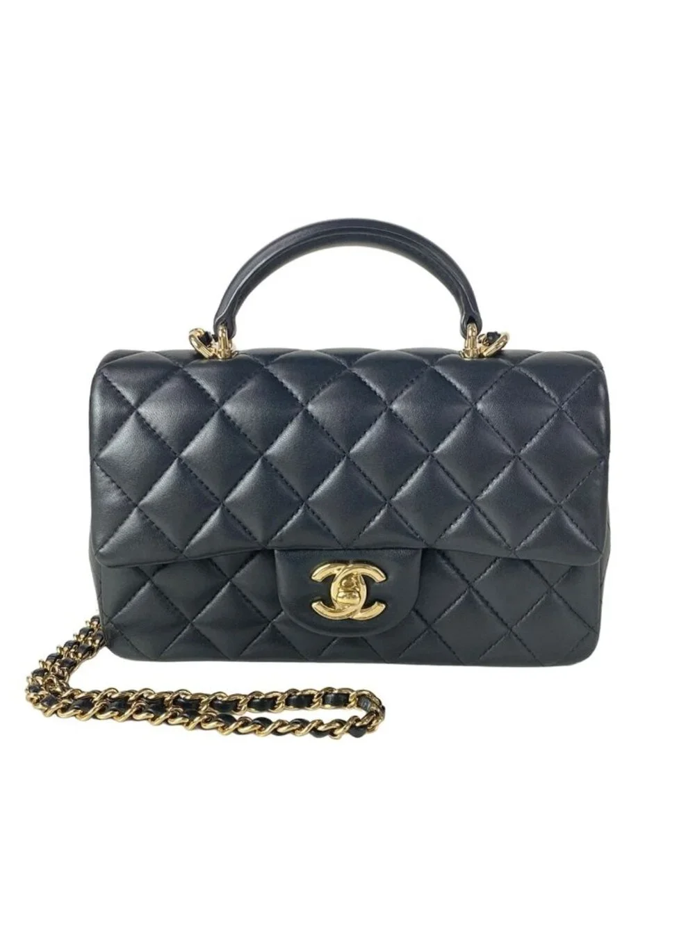 Chanel Shoulder Bag Quilted Top Handle Mini Flap Black Chain Champagne Gold