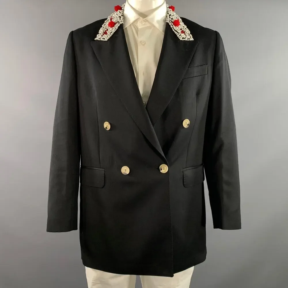SIMONE ROCHA Chest Size L Black Red & White Beaded Wool Blend Sport Coat