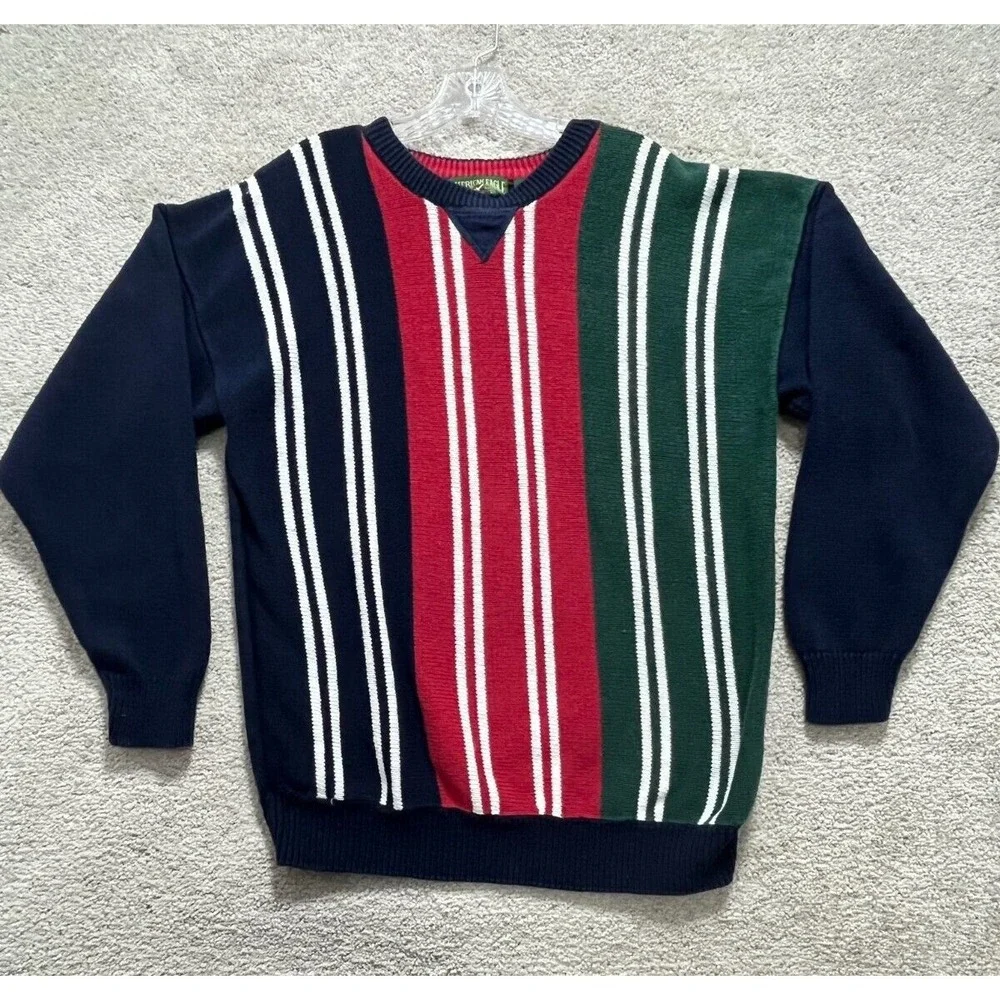 Vintage American Eagle Sweater‎ Mens Large Multi Color Block Dad Striped Crew