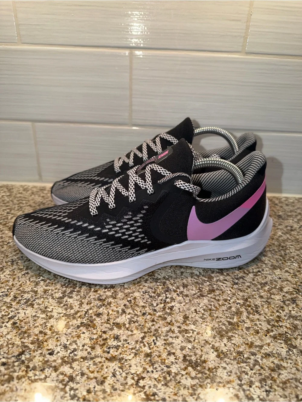 Nike Women’s Running Shoes - Black with Pink Swoosh and Gray Knit