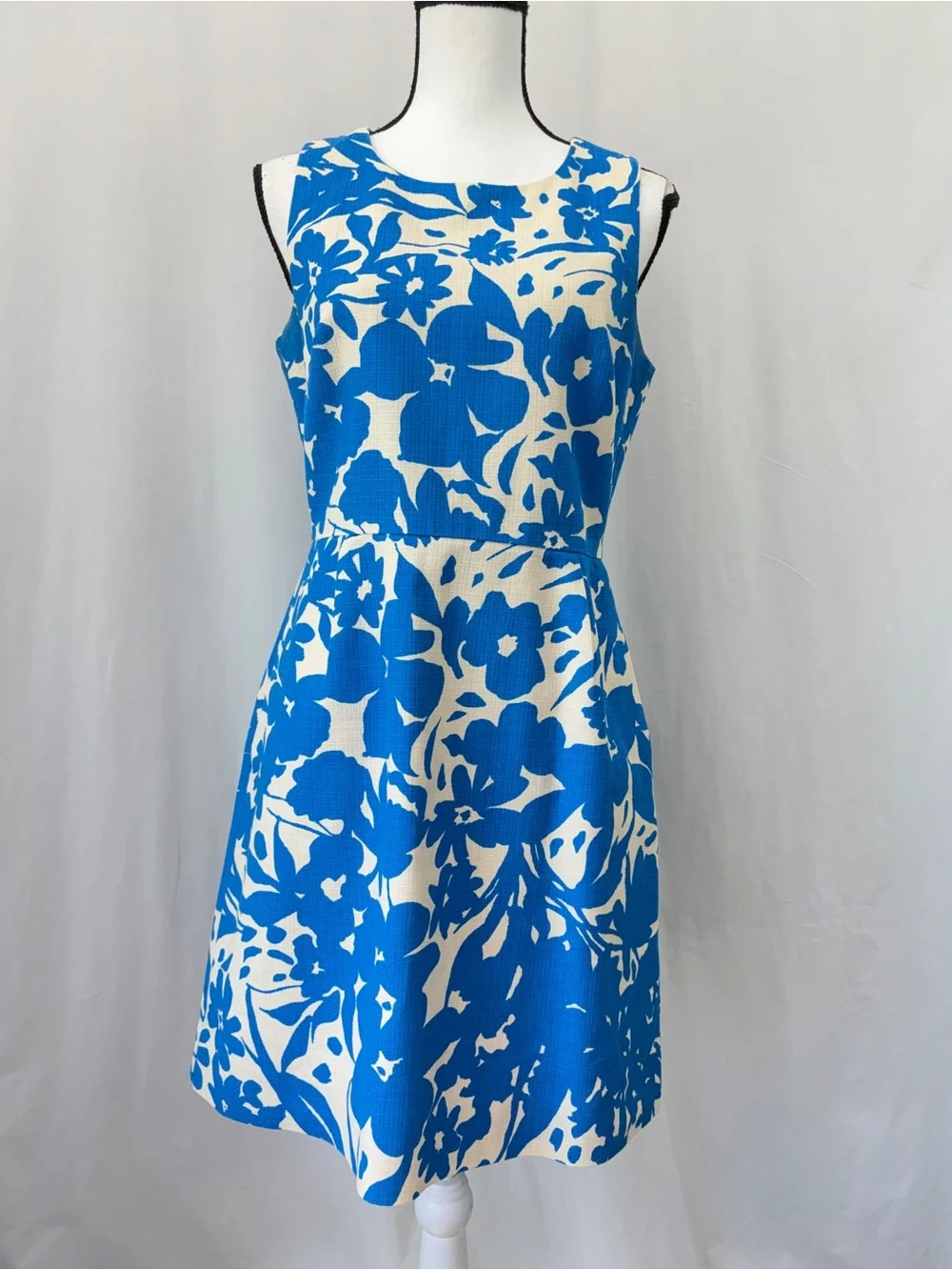 J. Crew Blue Ivory Floral Print Sleeveless Cotton Shift Dress Wedding Guest Sz 6