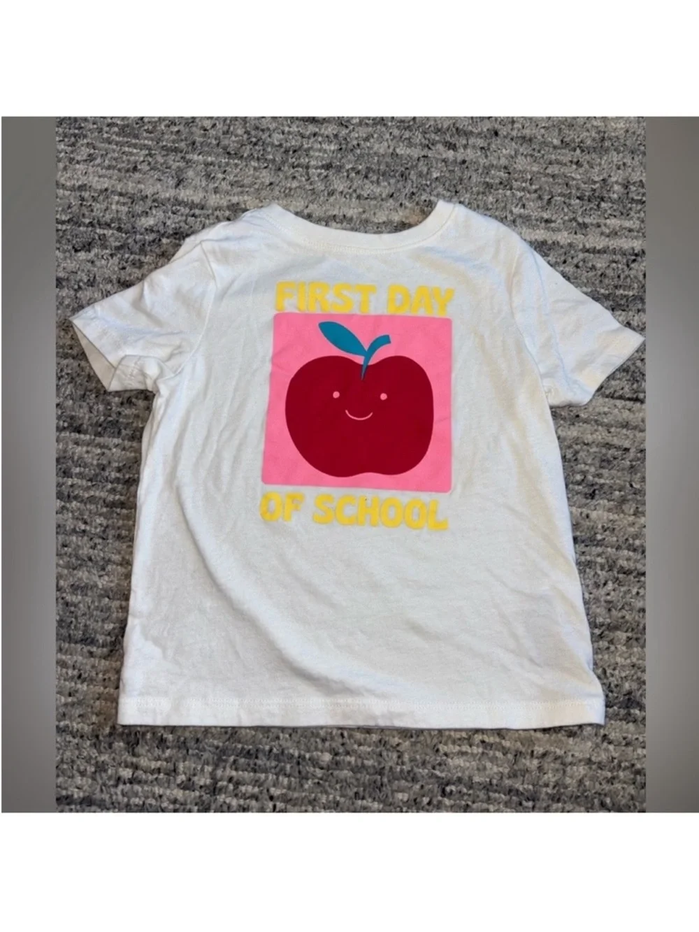 Old Navy White Kids Tee with Pink Square and Red Apple Graphic