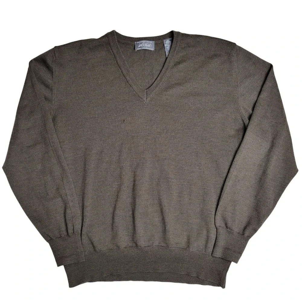 Lord & Taylor Mens V-Neck Merino Wool Sweater‎ XL Brown Made In Italy
