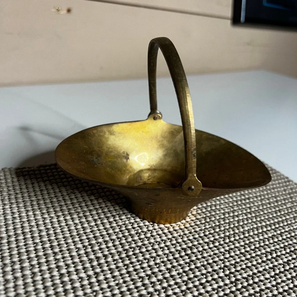 Vintage Solid Brass Miniature Basket Swing Handle Made in India Oval Scoop 5in