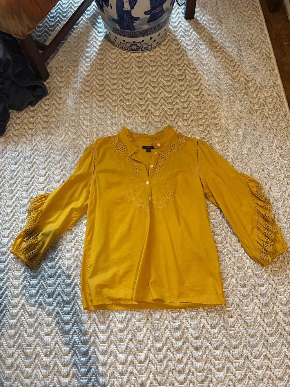 J Crew Women’s Mustard Yellow Eyelet Blouse - Lightweight Long Sleeve