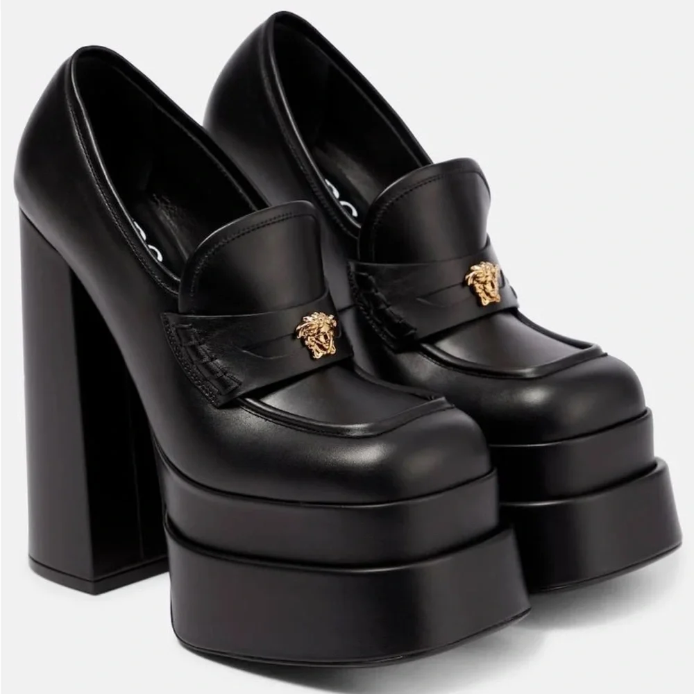 Versace Black Leather Platform Loafers with Gold Medusa