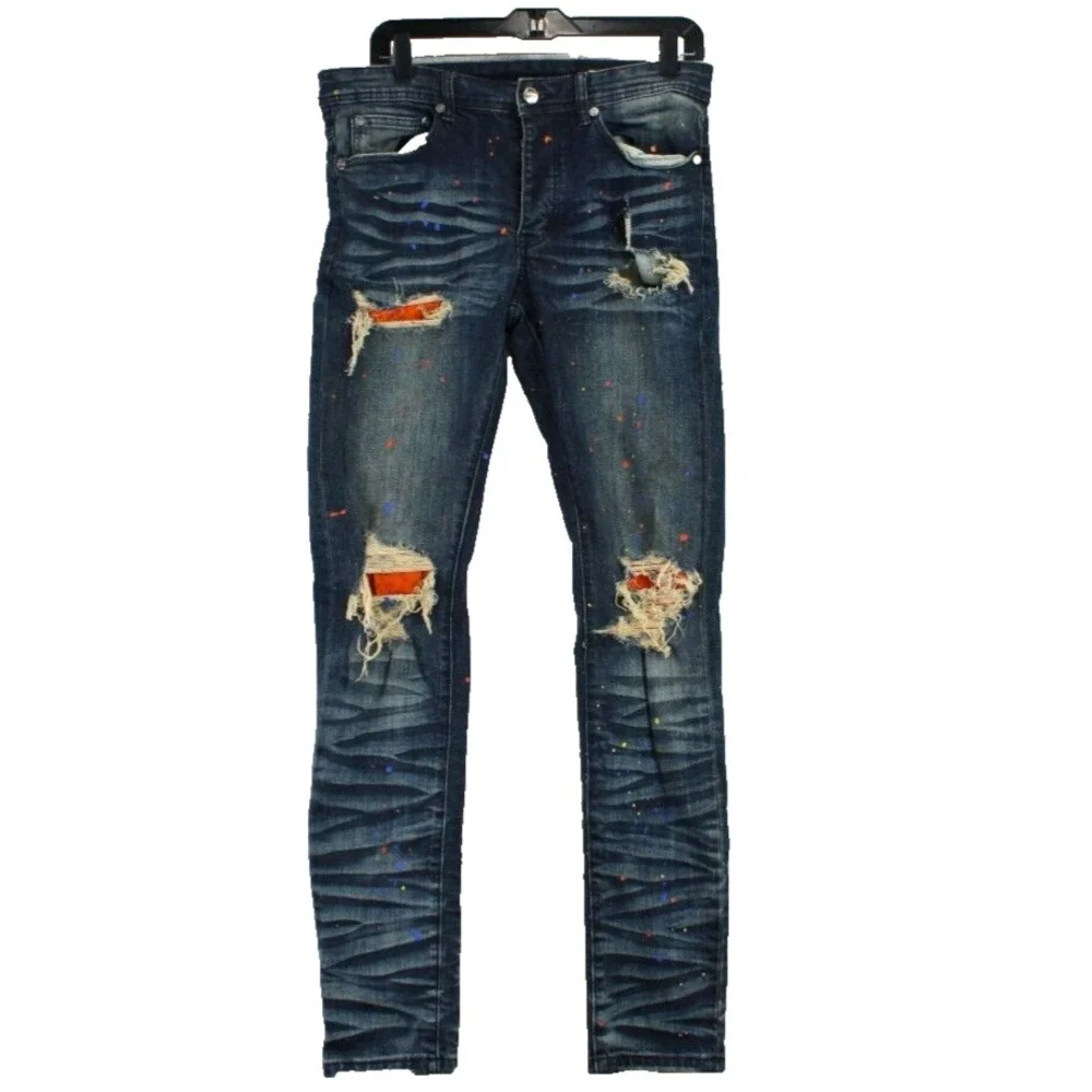 GFTD Los Angeles Distressed‎ Slim Jeans Mens 32 Blue Paint Splatter Streetwear