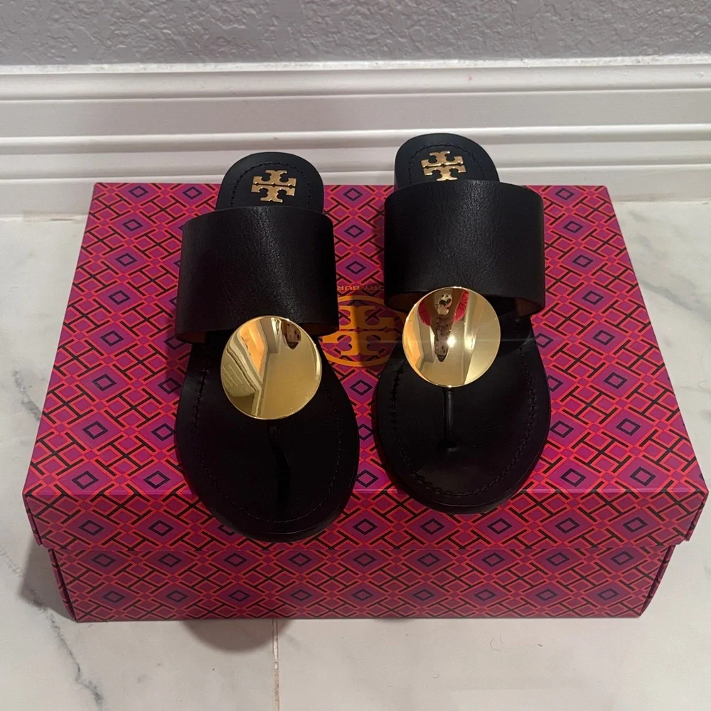 Tory Burch Black Sandals with Gold Accents