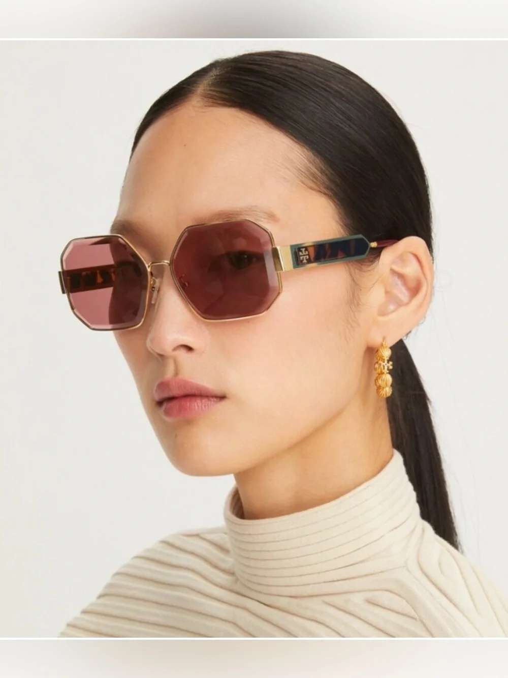 Tory Burch Octagonal Lens Sunglasses with Gold Accents