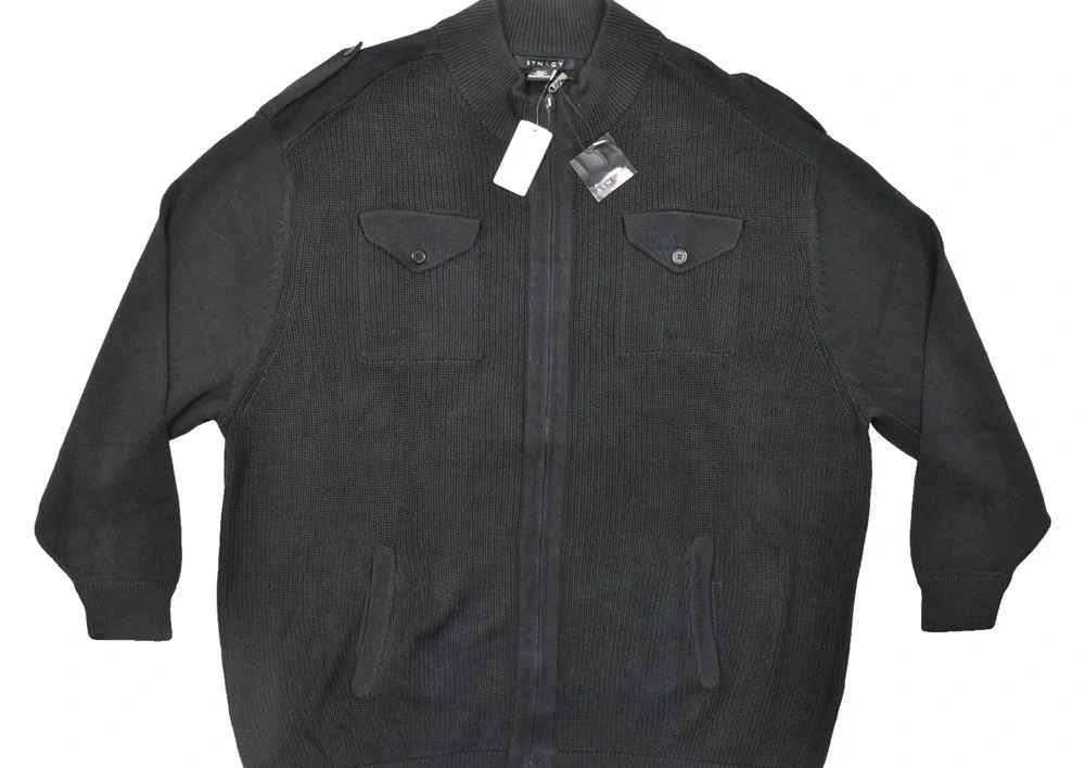 SYNRGY Men 4XLT Black Full Zip Mock Neck Sweater 100% Cotton Military Style NEW