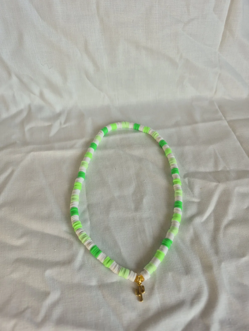 Neon Green & White Beaded Necklace with Gold Cactus Charm