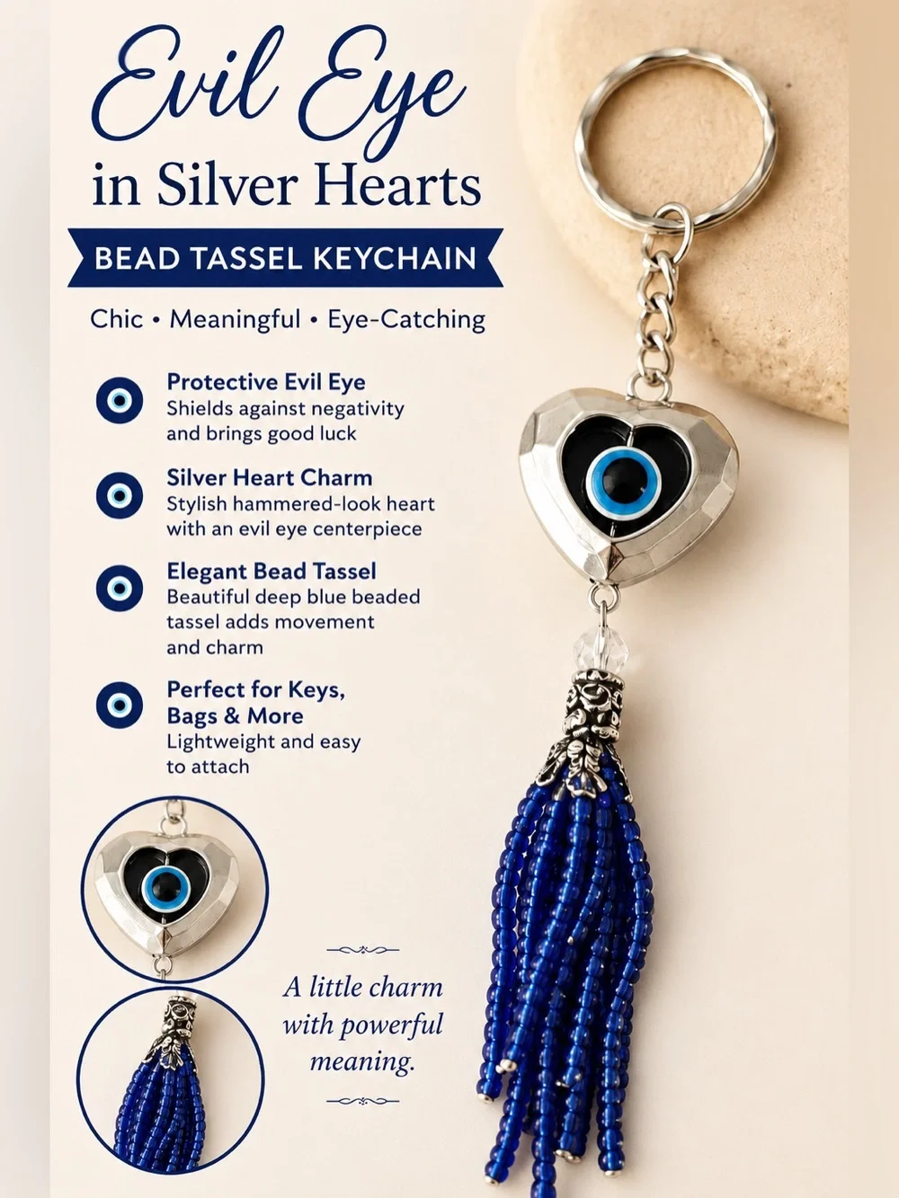 Evil Eye Silver Heart Keychain with Blue Bead Tassel