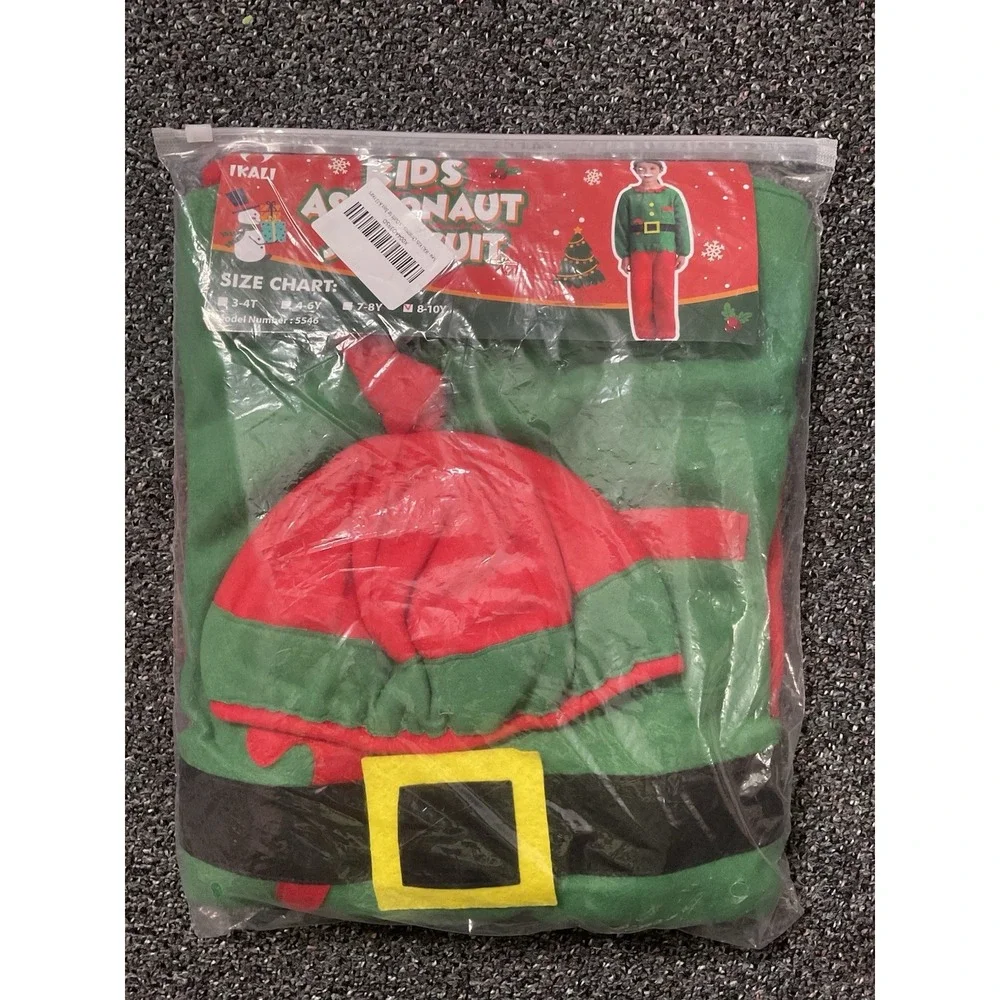 Christmas Santa Elf Set Child Halloween Costume Size 8-10  Red Green With Hat‎