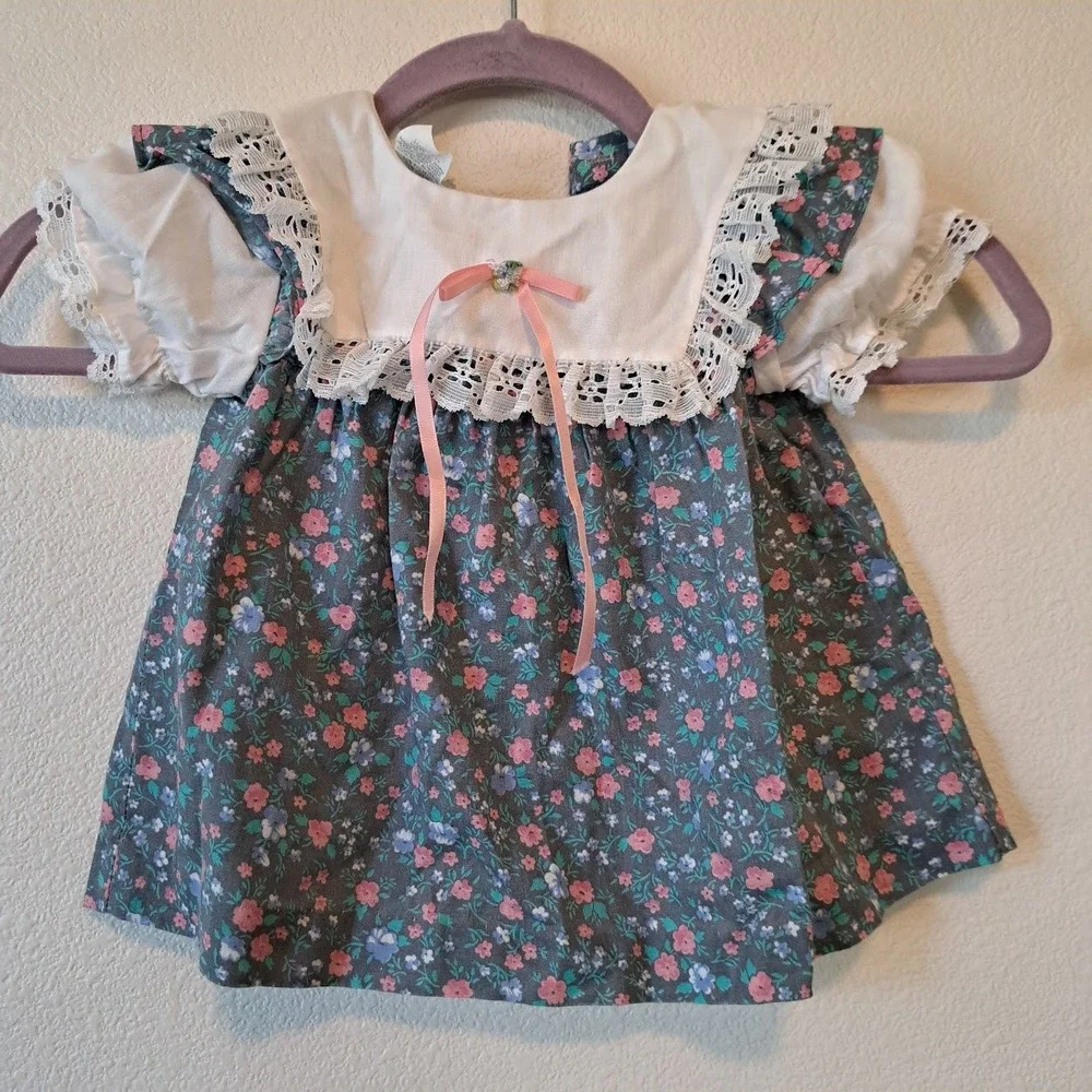 Vintage Sears Infant Girls Floral Lace Bib Dress Gray Pink Blue 12 Months USA