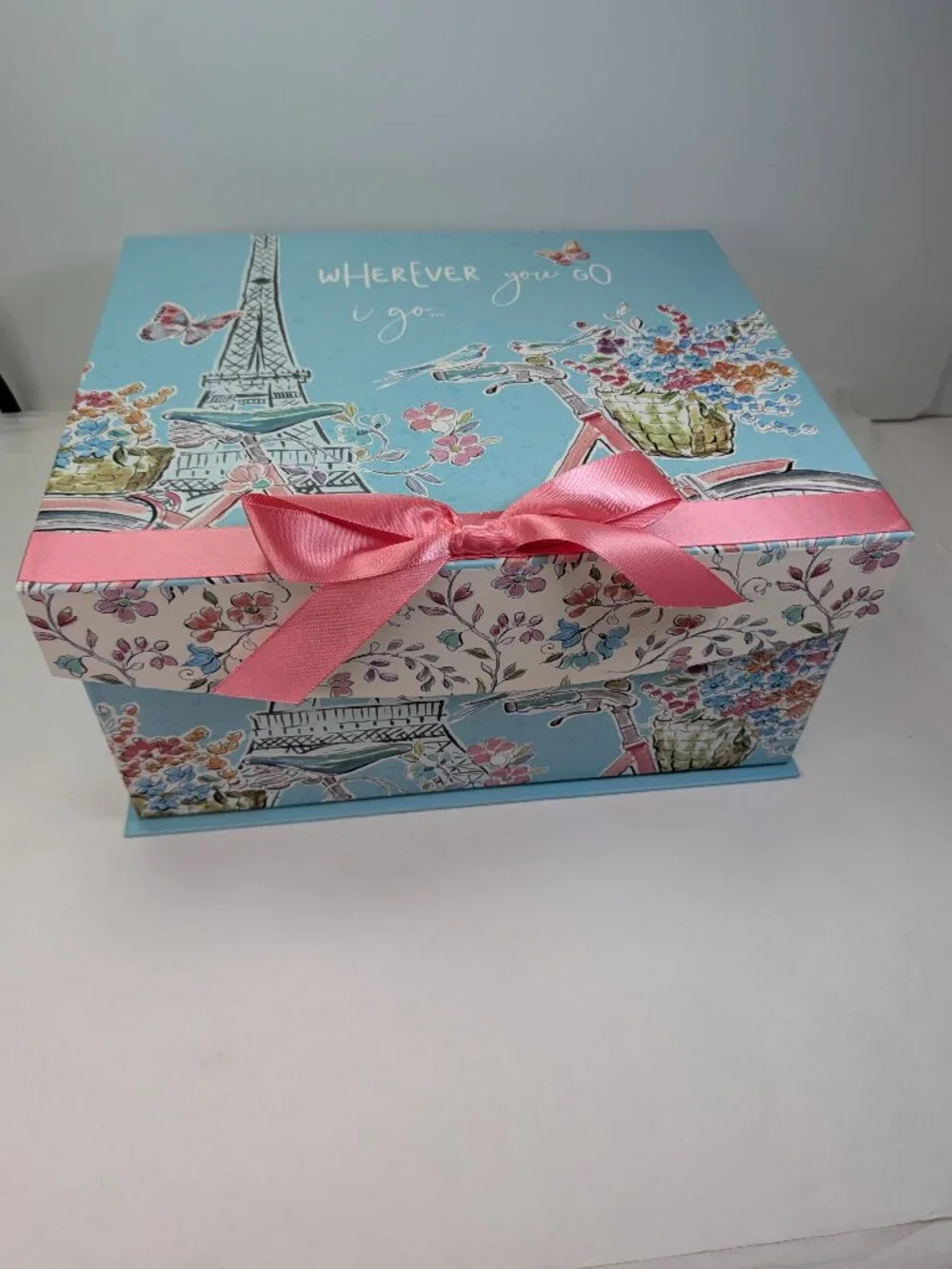 Paris France Storage Box Eiffel Tower Pink Ribbon Spring Floral Blue