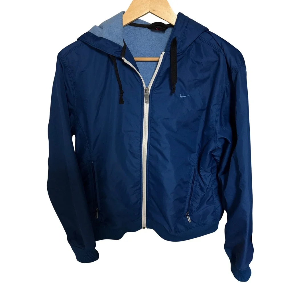 Nike Women's Full Zip Hooded Windbreaker Jacket Blue‎ Lightweight Medium Vintage