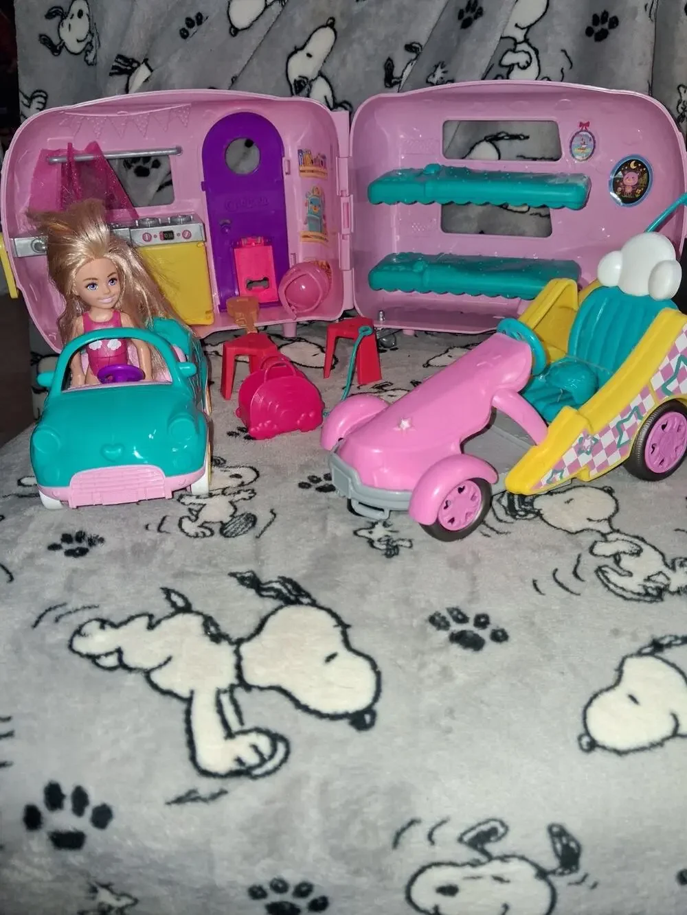 Barbie Pink Chelsea Camper Set With Doll, Racecar, And Accessories