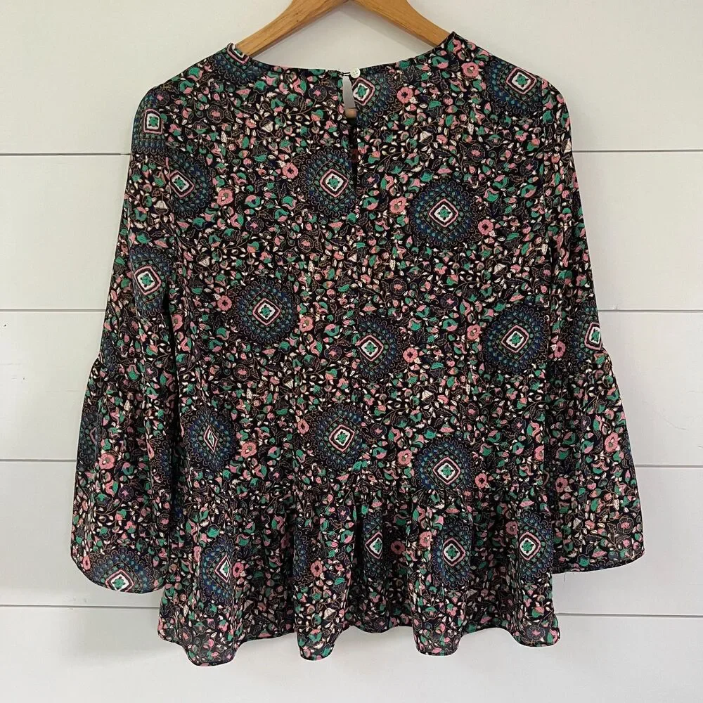 Peasant Blouse with Bell Sleeves Navy Multicolor J.Crew Women's Small