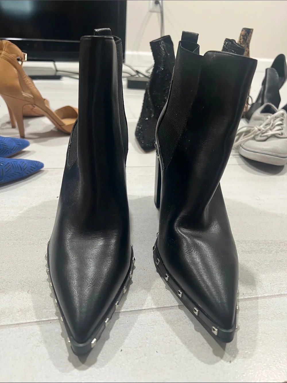 Black Pointed Stud-Trim Ankle Boots - Women