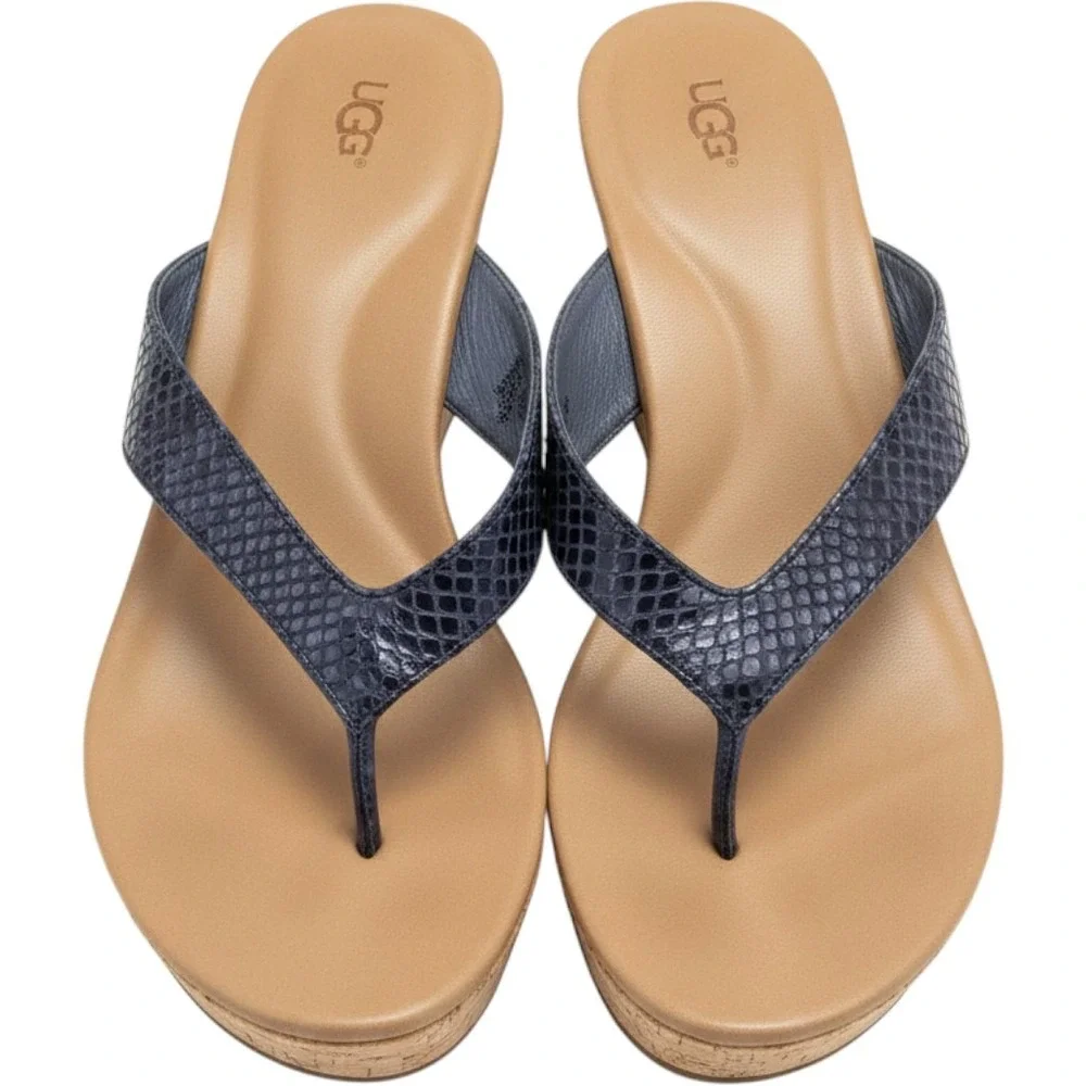 UGG Lucianna Navy Blue Snakeskin Embossed Cork Wedge Sandals 1011000 Mens 8.5