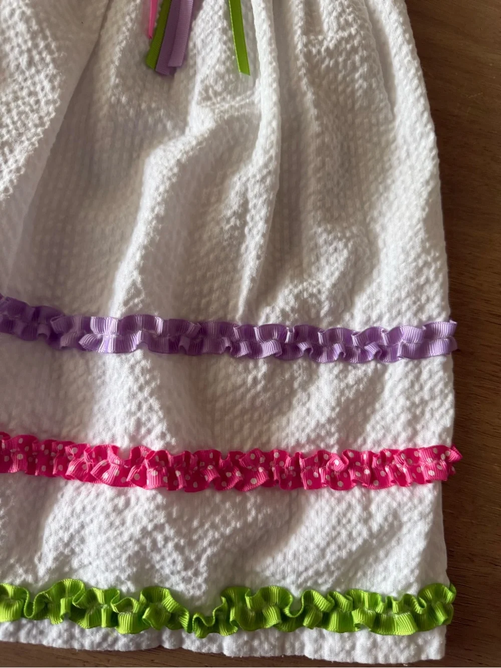 Vintage seer sucker White Girls' Party Dress with Pink Rose and Ribbon Trim