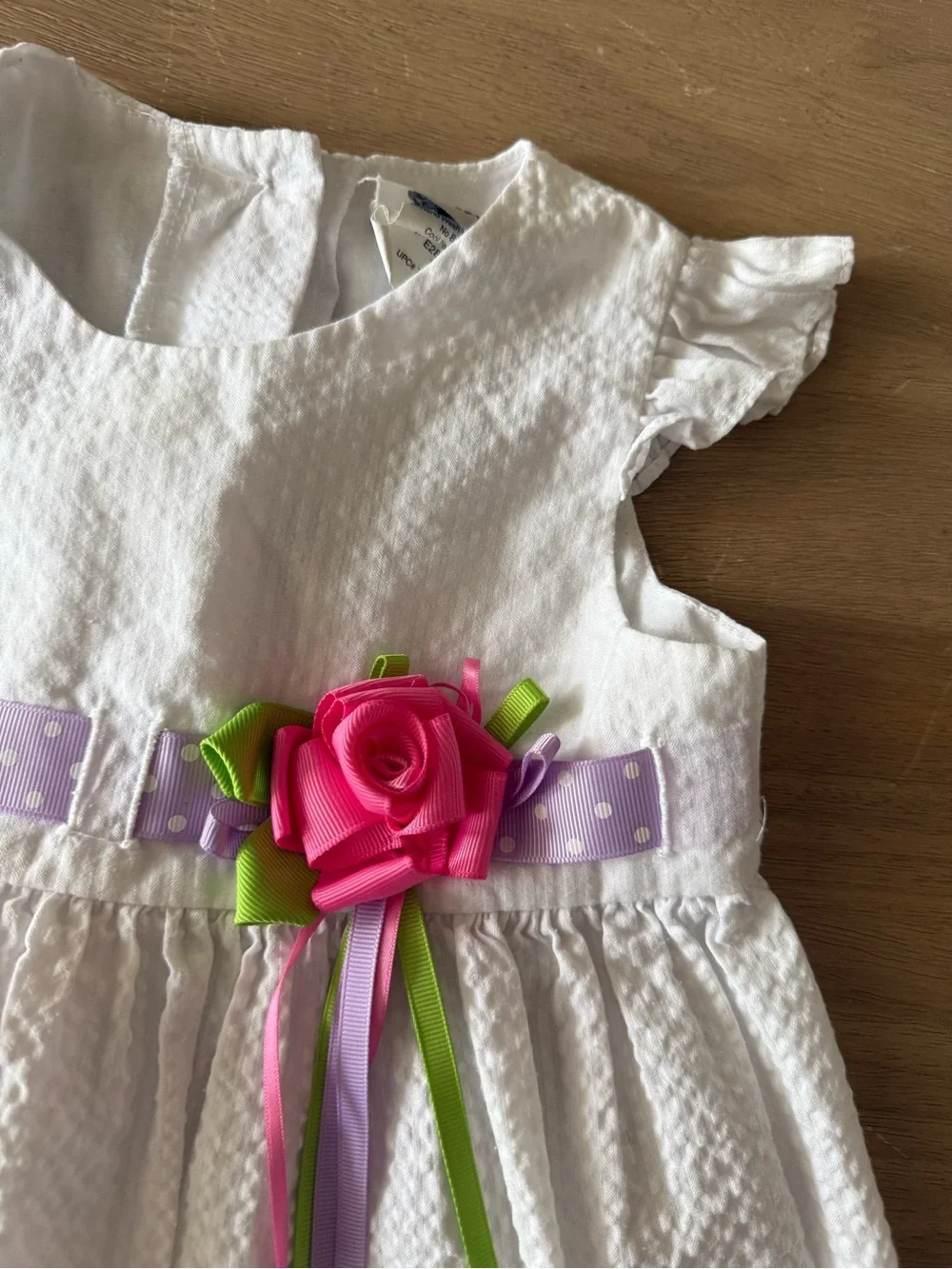 Vintage seer sucker White Girls' Party Dress with Pink Rose and Ribbon Trim