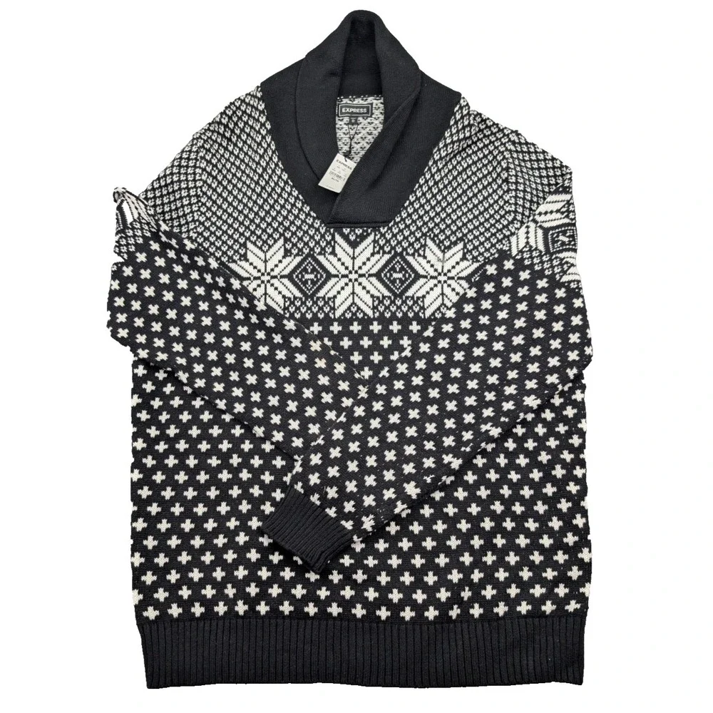 Express Sweater‎ Mens XL Black White Fair Isle Tight Knit Shawl Collar Outdoor