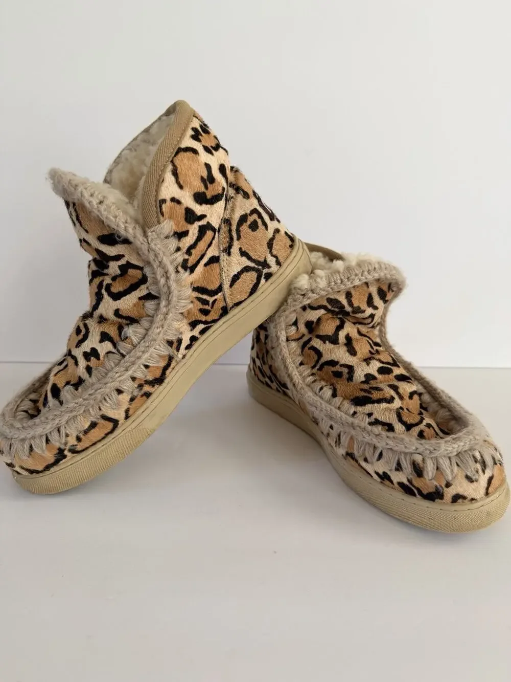 Mou New Eskimo Sneaker Ponyskin Leopard Fur Trim Ankle Bootie US 8